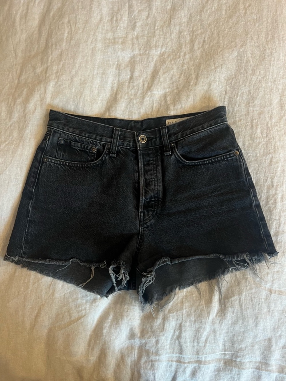 rag & bone Maya Washed Black High-Rise Frayed Denim Shorts